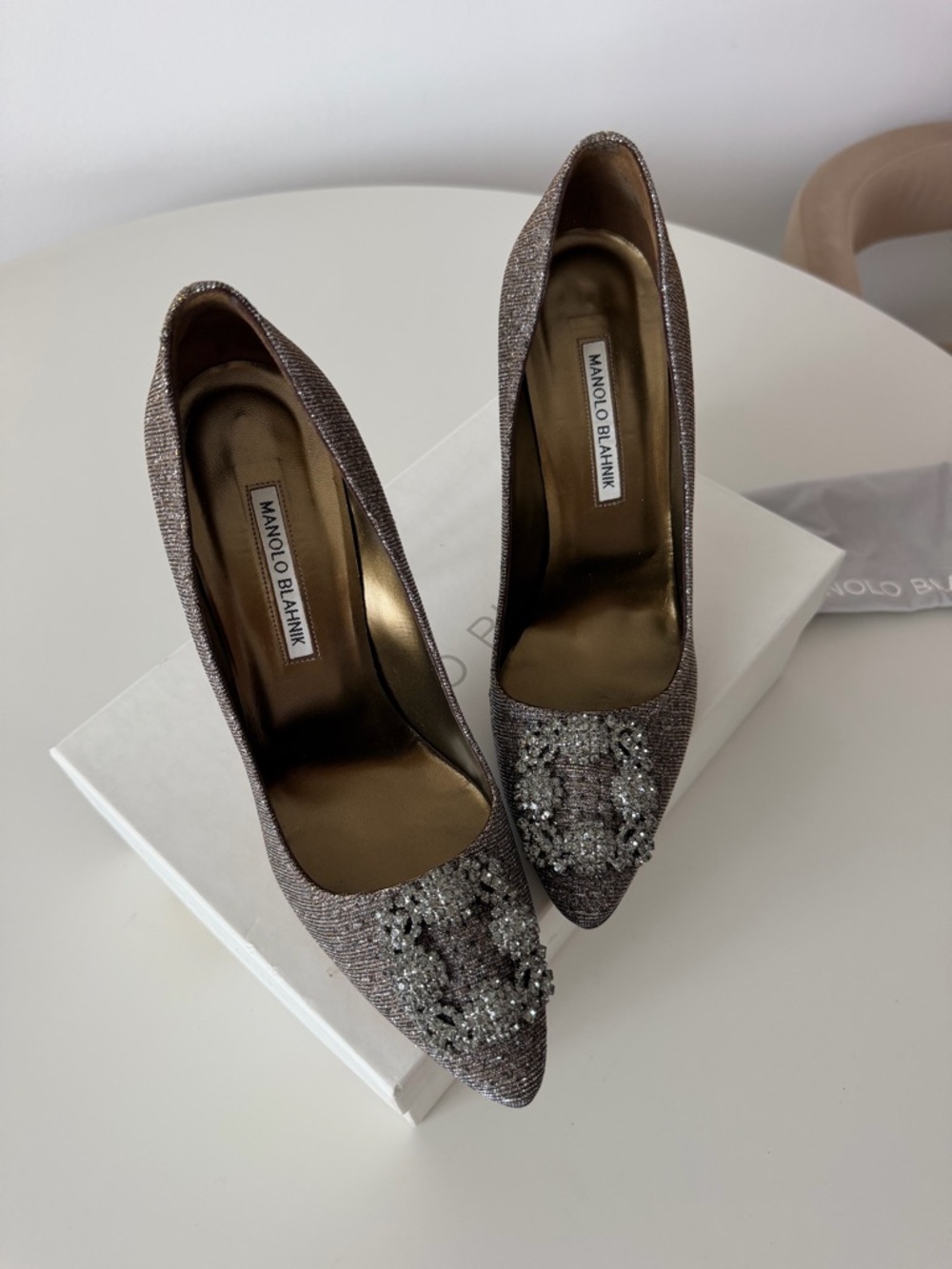 Manolo Blahnik Metallic Bronze Pointed-Toe Pumps with Crystal Embellishment - Picture 6 of 10